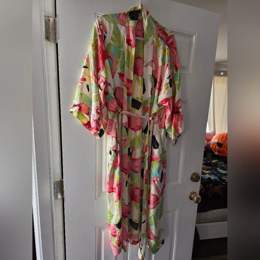 Vintage Boho Hotel Fontainbleu 227 Paris Hollywood Silk Kimono Robe Flamingo - Picture 7 of 8